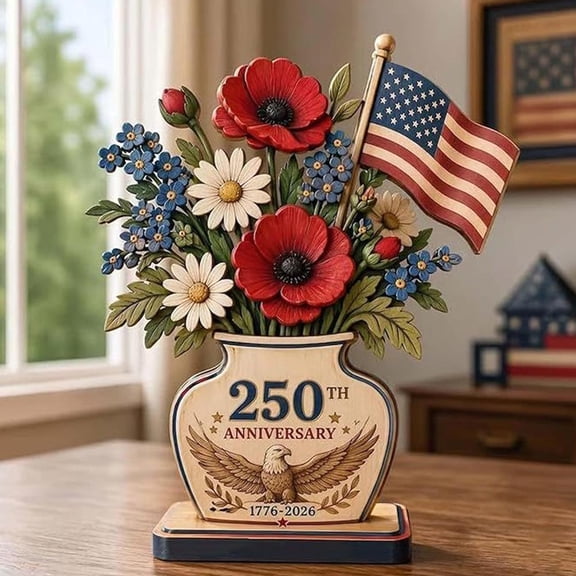 1776-2026 250th Anniversary Patriotic Wooden Centerpiece, Red White Blue Floral Table Decor, 7.48" Freestanding Flag Display for Independence Day Memorial Day