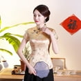 thumbnail image 3 of Women Chinese Short Sleeve Stand Collar Dragon Phoenix Print Ethnic Blouse Shirt, 3 of 7