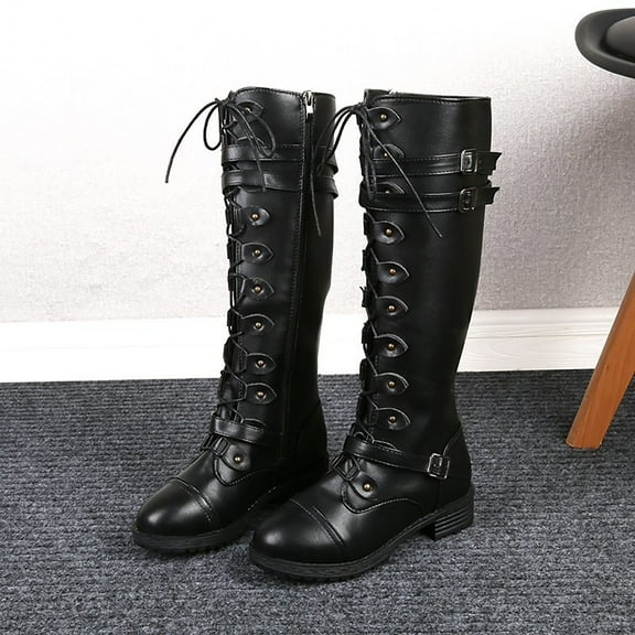 Mgmyaa Women's Retro Casual Mid Calf Boots Belt Buckle Low Heel Round Toe Comfortable Stylish