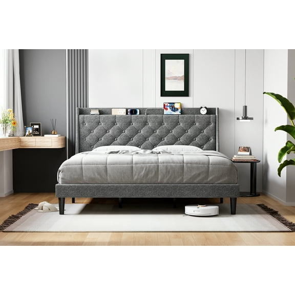 King Size Bed Frame,Linen Upholstered Platform Bed Frame,Button Tufted Storage Headboard,Stable Wood Slats Support,Noise Free,No Box Spring Needed,Easy Assembly