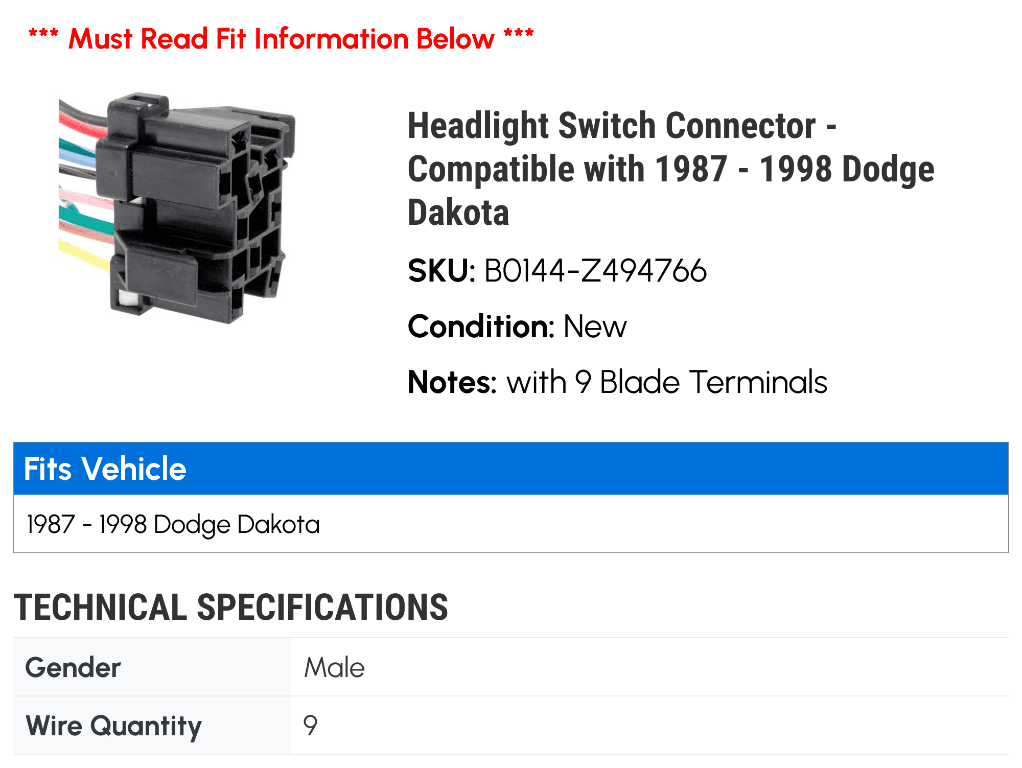 Headlight Switch Connector - Compatible with 1987 - 1998