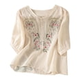 thumbnail image 2 of Boho Linen Tops for Women 3/4 Sleeve Embroidered Crew Neck Blouses Trendy Summer Casual Tops Pullover Shirts by Yigetop Beige L, 2 of 6