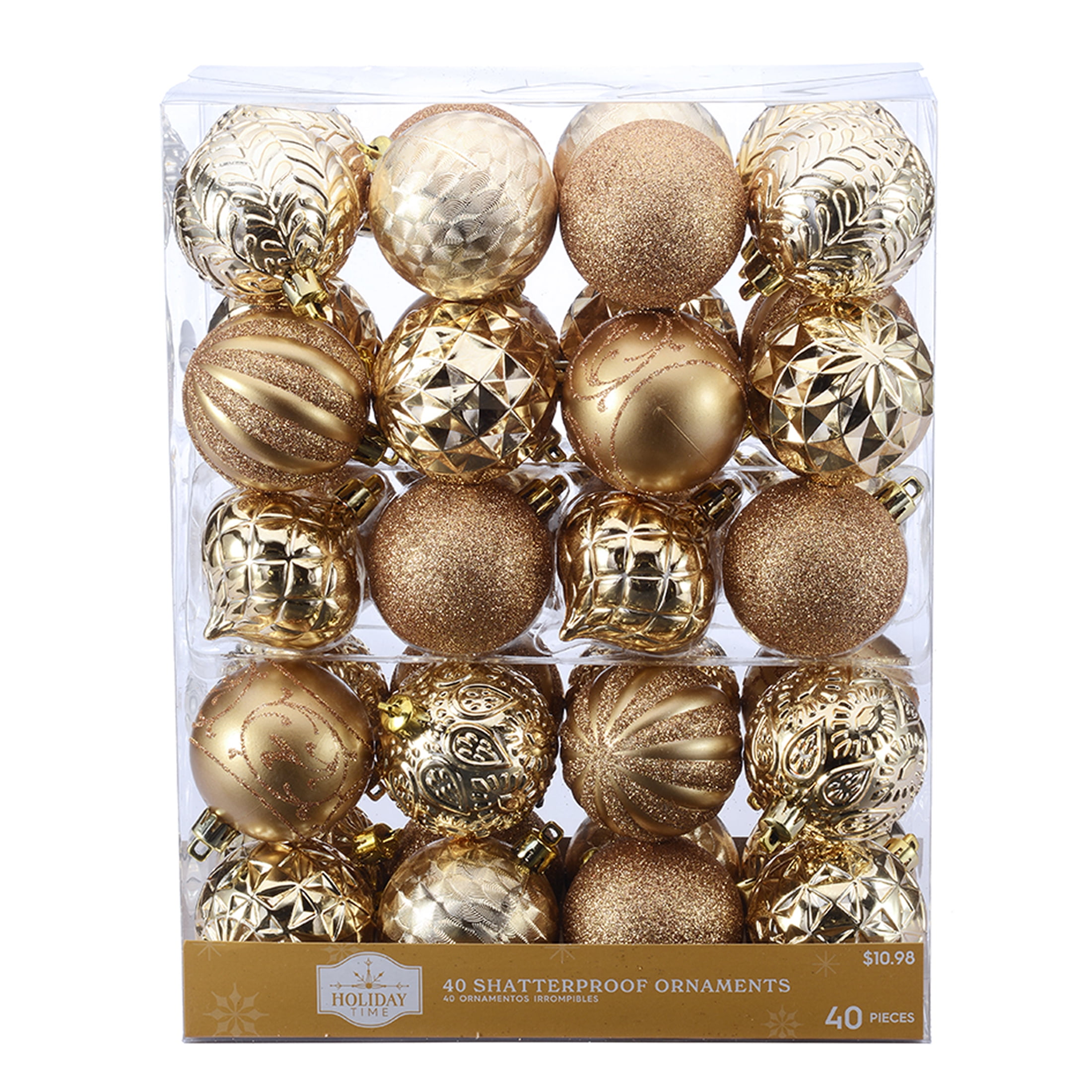 Holiday Time 60 mm Christmas Shatterproof Ornaments, Metallic Gold, 40-Count