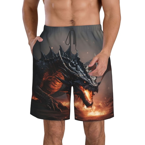 Fotbe Fiery Black Dragon Attack Trajes de Baño Estampados para Hombre, Shorts de Verano de Secado Rápido, Ropa de Playa, Bañadores-Large