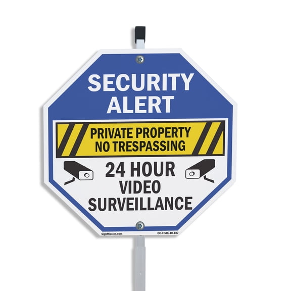 Security Alert Private Property No Trespassing 24 Hour Video Surveillance 10 inch X 10 inch Octagon Aluminum Metal Signs with Aluminum Mounting Stake Weather Resistant UV Protected for