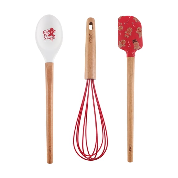 Cook With Color Red and White 3-Pack Utensil Set – 10-Inch Silicone Spoon, Whisk & Spatula with Wooden Handles