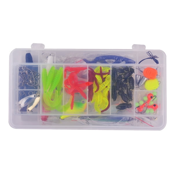 Fishing Accessories 100Pcs Fishing Kit Hard Soft Bait Lure Fishhooks Tools  Tackle Box Set for Saltwater & Freshwater Fishing Color:Transparent 