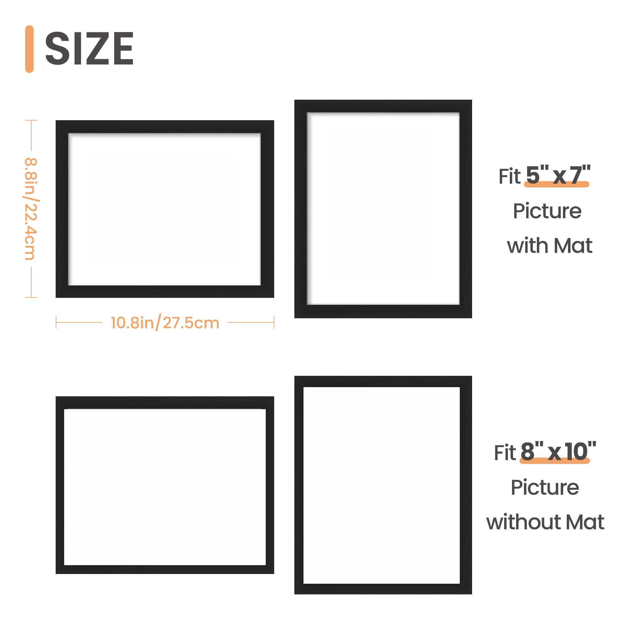 8x10 Picture Frame Set of 5, Display Pictures 5x7 with Mat or 8x10 Without Mat, Wall Gallery Photo Frames for Living Room Bedroom Office Decor, Create a Photo Wall Collage, Black