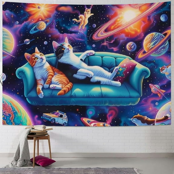 BCIIG Cat Tapestry King Size, Funny Galaxy Themed Print with Astronaut Kitties Floating in Outer Space, Wall Hanging Bedspread Bed Cover Wall Decor,