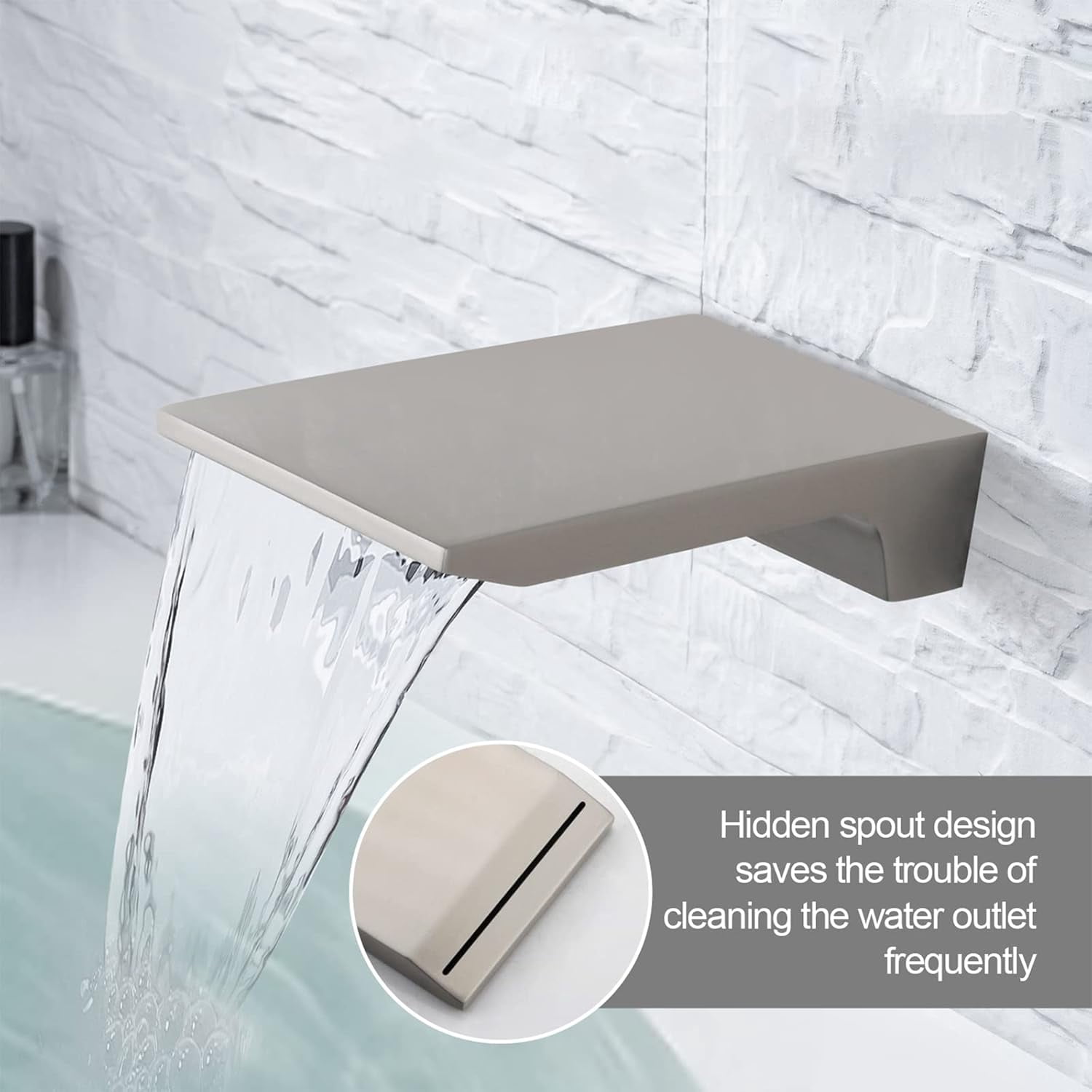 ABCISI Waterfall Tub Spout, Wall Mount Waterfall Bathroom Bathtub Tub Faucet Replacement, Roman Tub Filler Faucet Stainless Steel Solid Bath Tub Sprayer, High Flow Shower Spout, Brushed Nickel