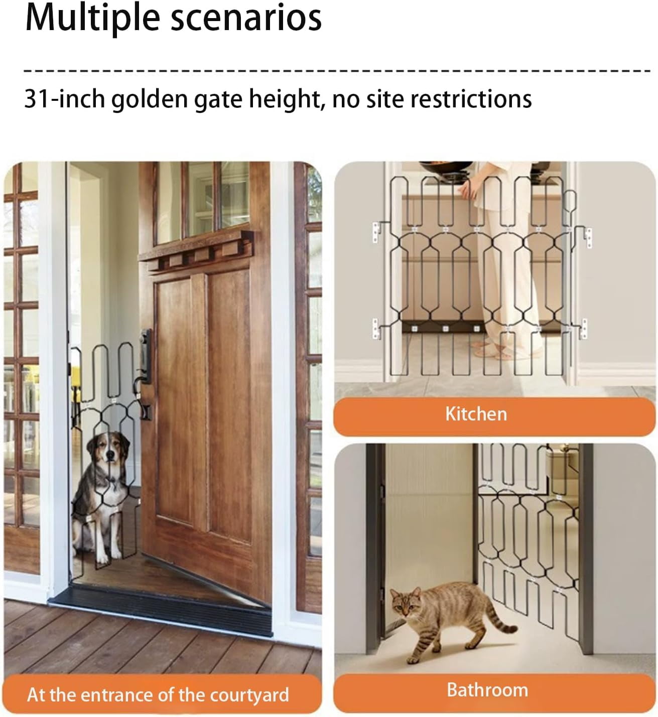 Metal Retractable Door Barrier,26 Wide31 Tall Safety Dog Gate for Front Door,Decorative Vertical Bar Design Easy Install Retractable Pet Gate for Recreational Vehicle, Doorways
