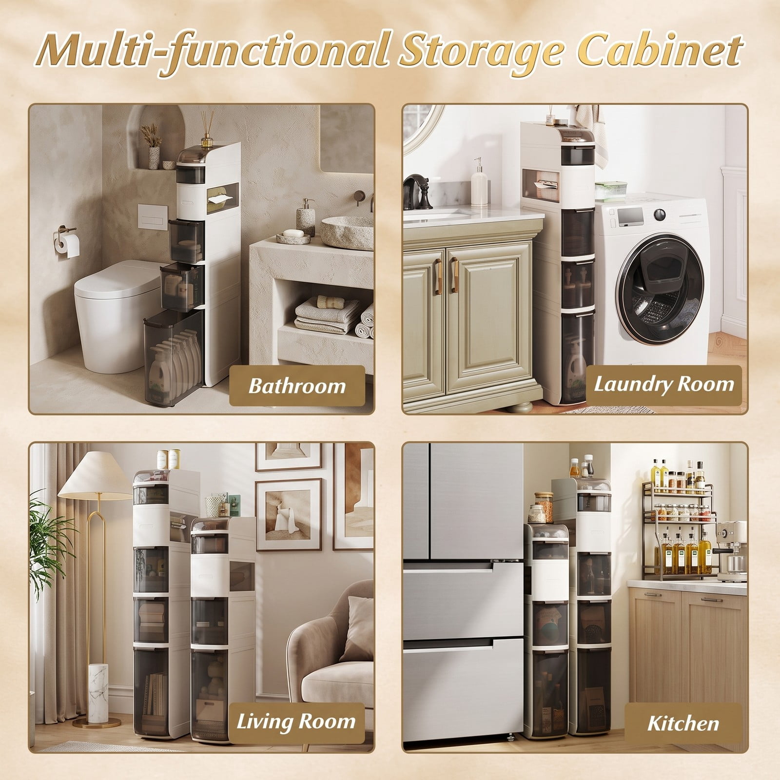 Fenbeli 6-Tier Narrow Bathroom Storage Cabinet with Drawers, Slim Rolling Storage Organizer with Flip-Top and Tissue Box for Bathroom, Laundry Room, Kitchen, White