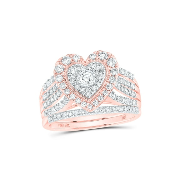 10kt Rose Gold Round Diamond Heart Bridal Wedding Ring Band Set 1 Cttw