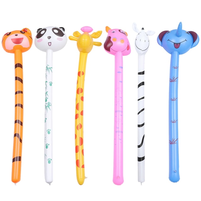 6 juguetes inflables de pvc para niños, divertidos juguetes inflables de palo largo (estilo mixto) Seis palos inflables de PVC en colores surtidos con cabezas de animal (tigre naranja, panda blanco, jirafa amarilla, vaca rosa, cebra blanca y elefante azul). Cada palo mide 120 x 20 x 0,1 cm, muestra patrones impresos, se infla rápidamente y se desinfla para fácil almacenamiento. Ideales para decoración de fiestas y juegos; también suelen usarse como accesorios lúdicos en actividades al aire libre.