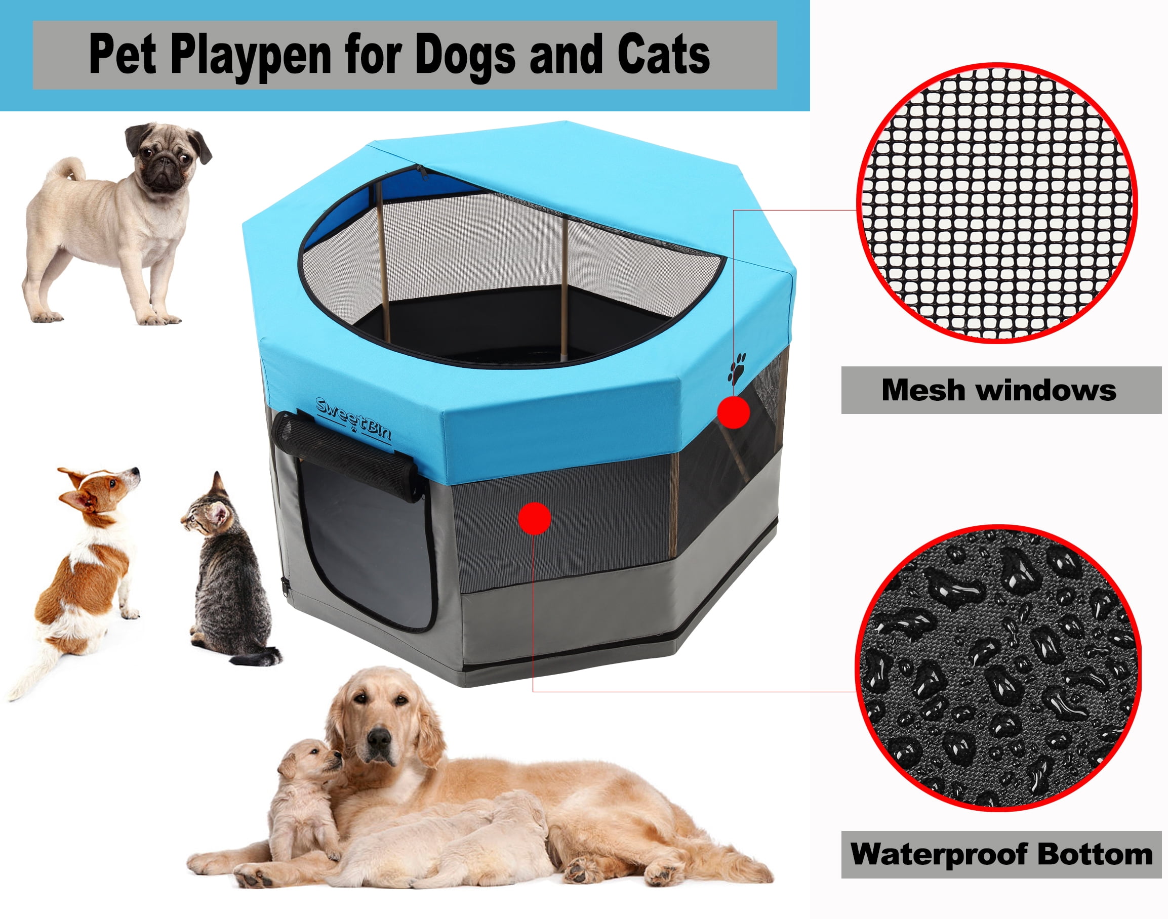 Medium Wood Frame Dog Playpen for Medium Dogs,Cat Playpen with Waterproof Bottom,Travel Pet Play Pen with Side Door for Puppies (36" x 36" x 23", Blue)