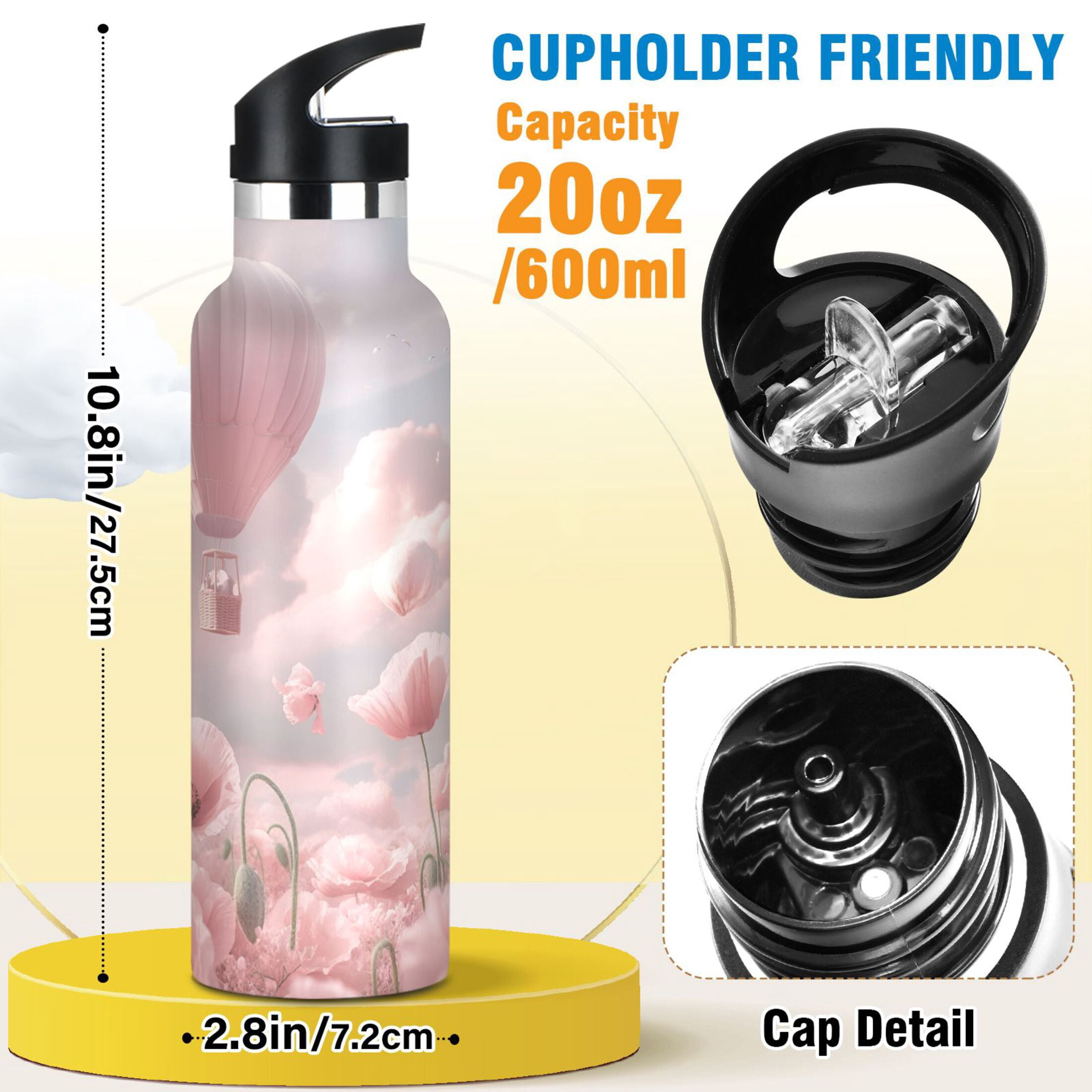 Kids Insulated Stainless Steel Sports Water Bottle 600ml (20oz) Clouds and Hot Air Balloons