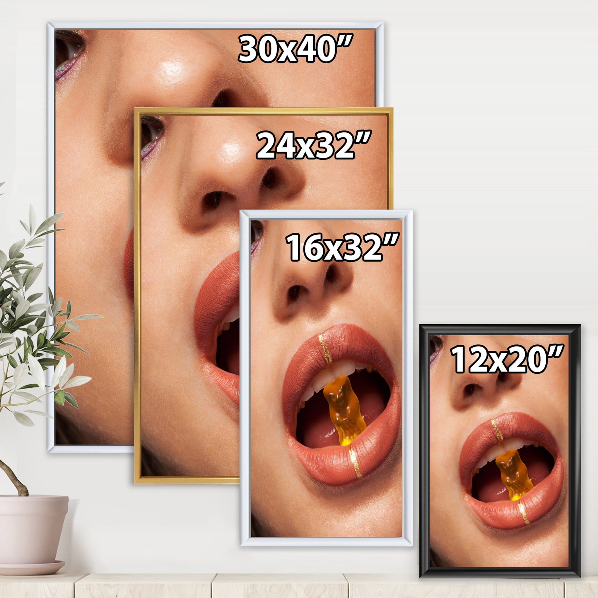 Designart 'Close Up VIew of Female Lips Biting Gummy Bear' Modern Framed Canvas Wall Art Print