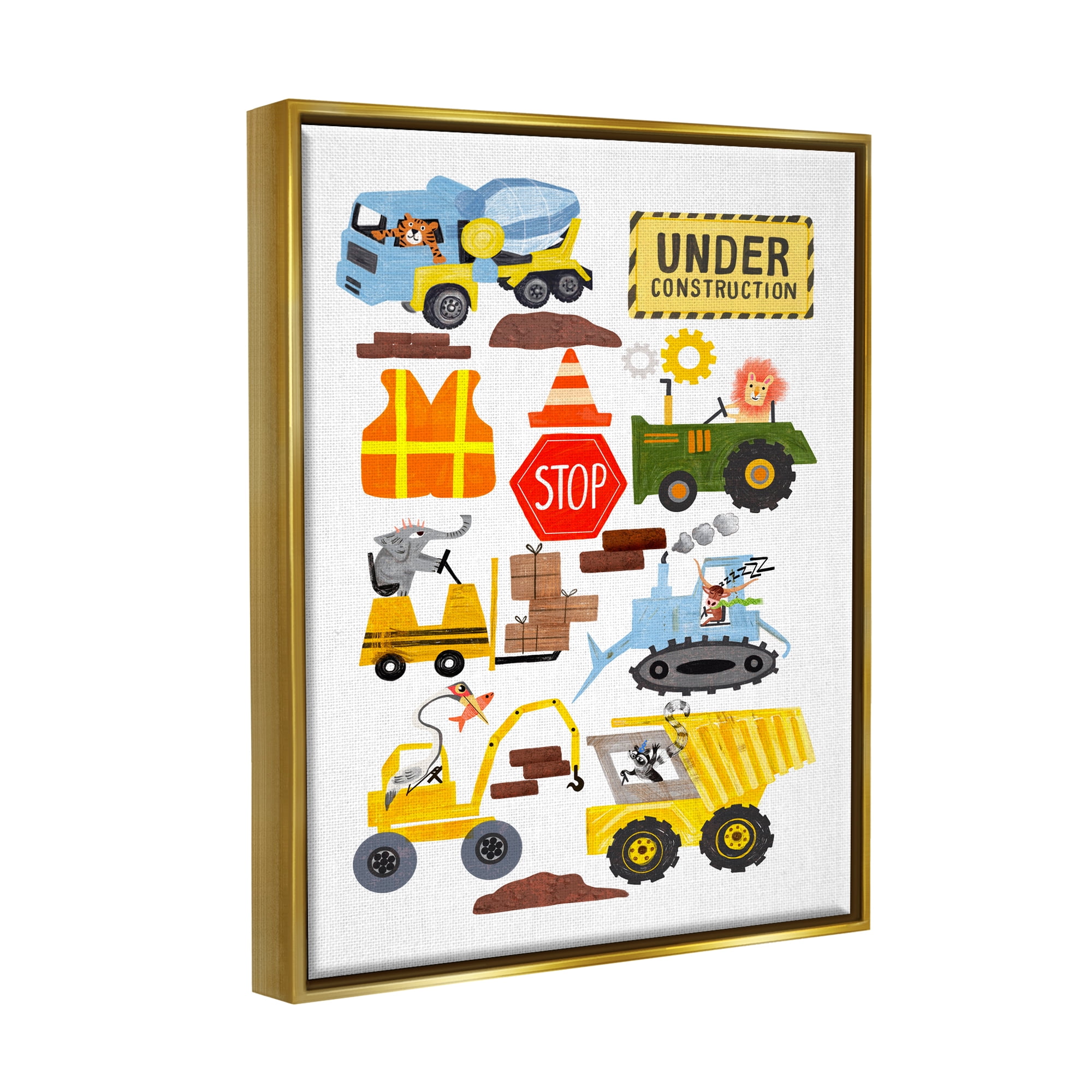 Stupell Industries Construction Vehicles & Animals Transportation Painting Gold Floater Framed Canvas Art Print Wall Art, 17 x 21