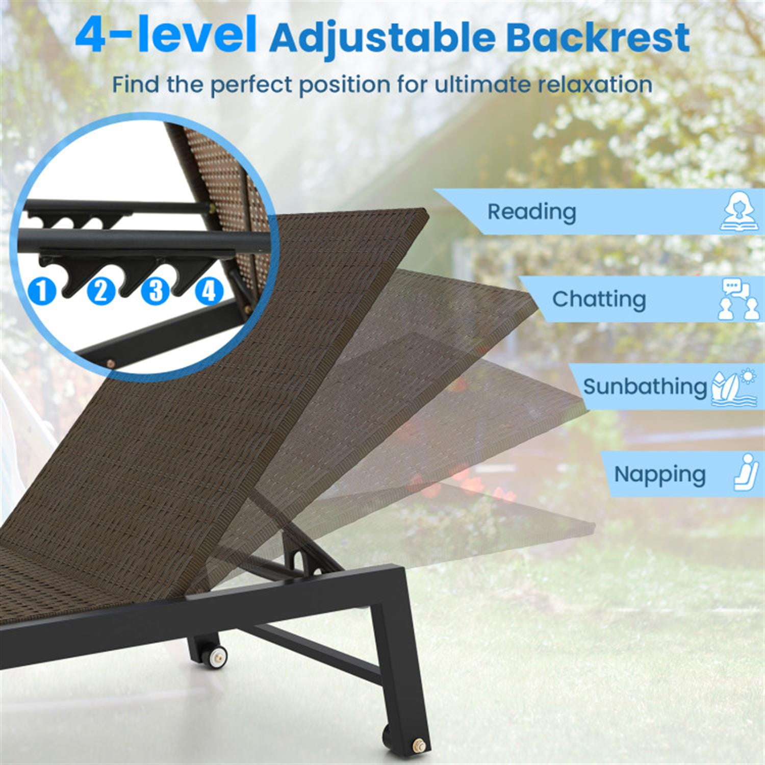 Demi Bonn PE Wicker Patio Outdoor Chaise Lounge Chair with Wheels for Poolside Backyard and Deck, Brown