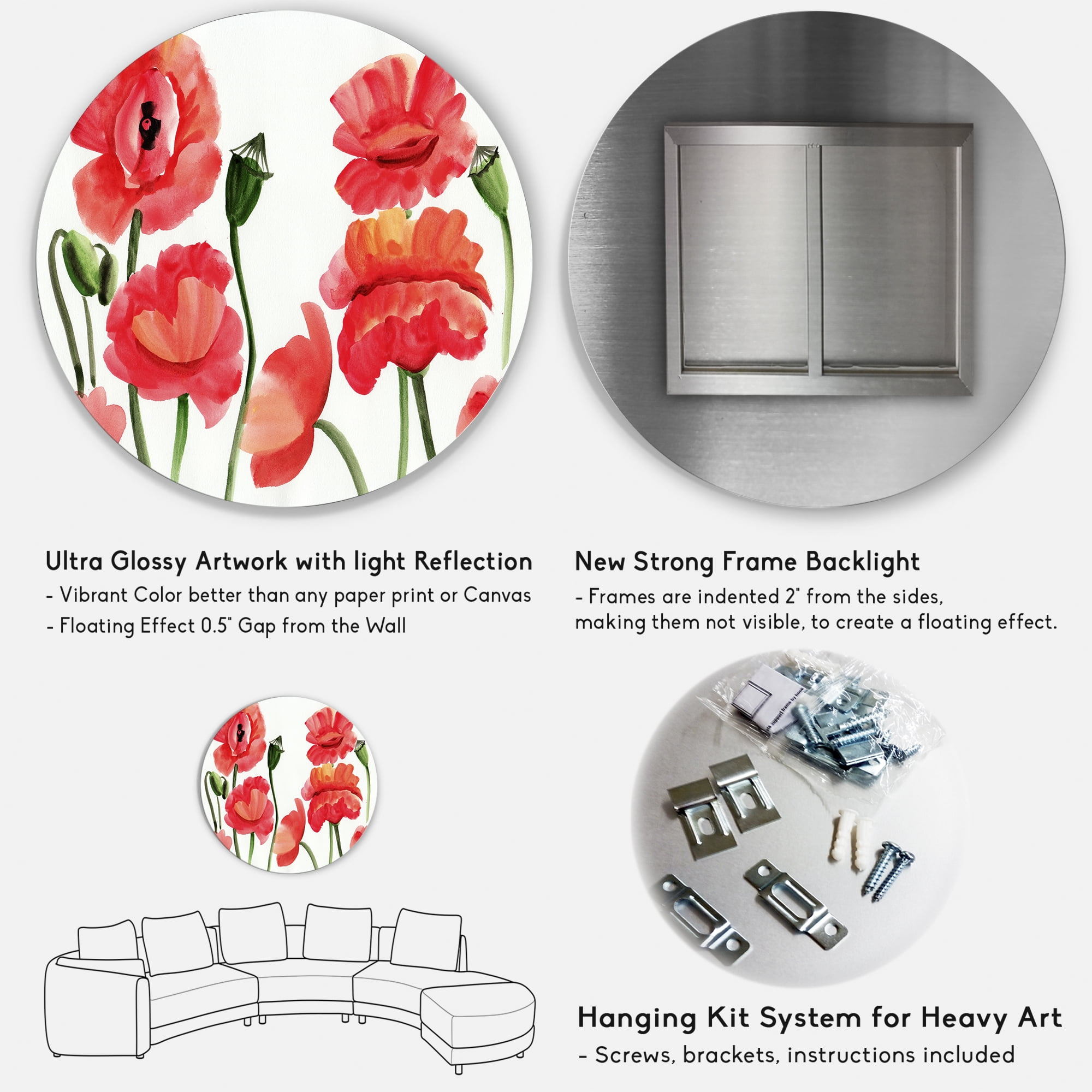 Designart 'Ancient Red Poppies I' Traditional Circle Metal Wall Art 11x11 - Disc of 11