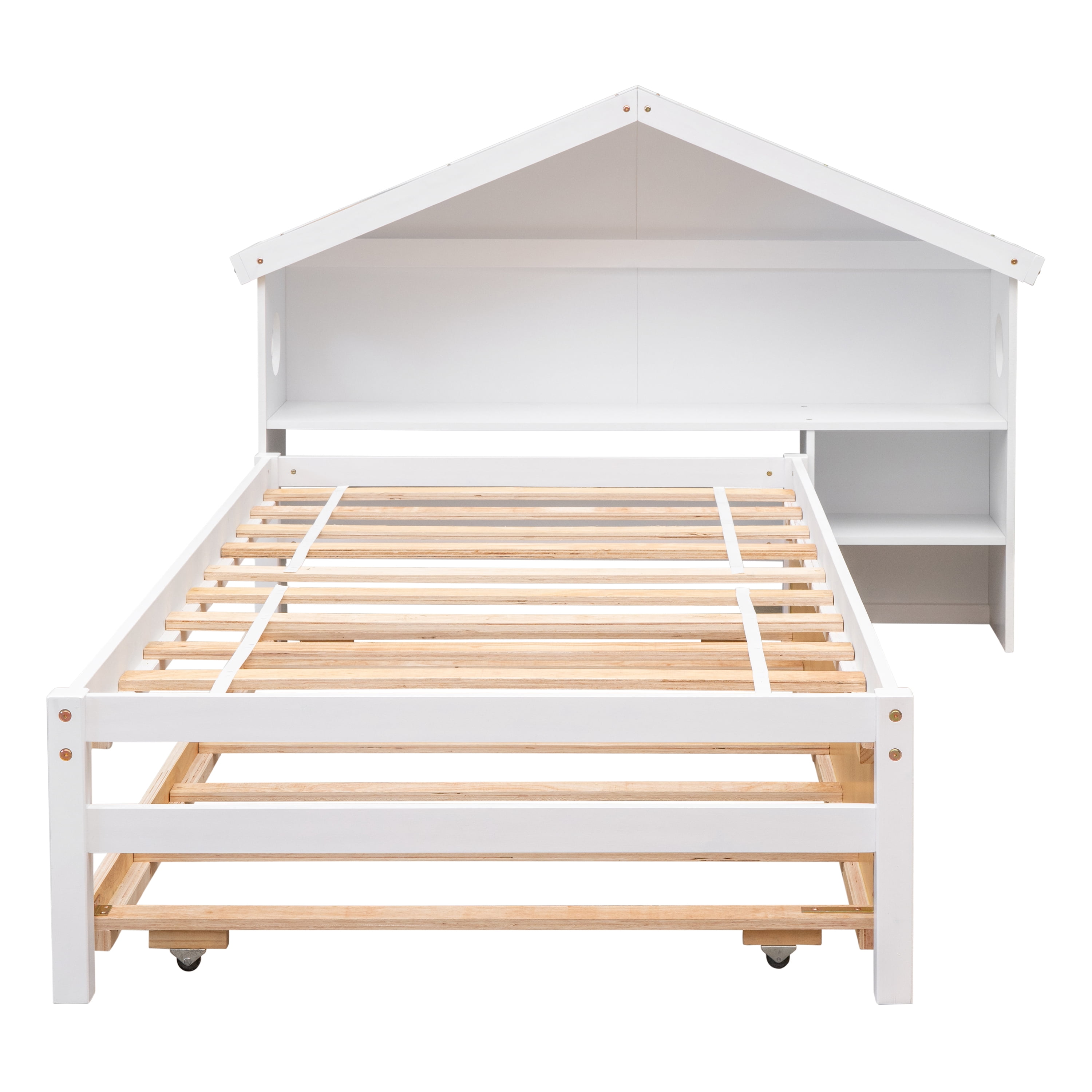 Euroco Wood Twin Size Platform Bed with Trundle and House Shelf for Kids, White