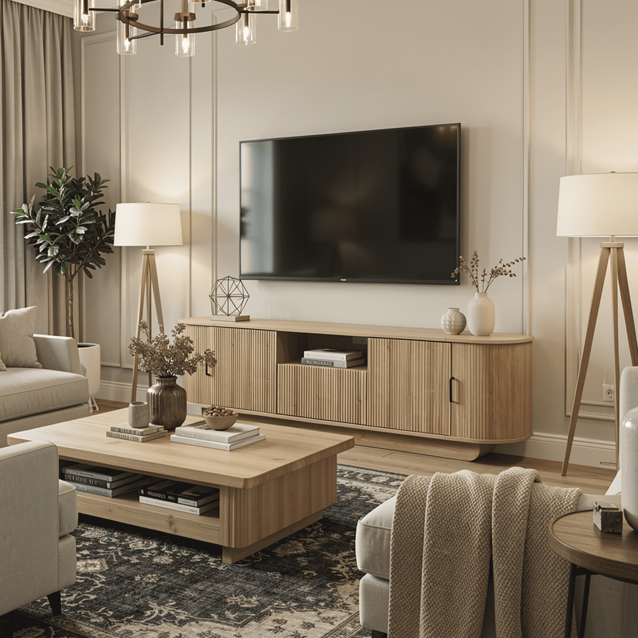Homy Casa 70.9" TV Stand, Fluted Media Console with Sliding Doors, Natural Wood