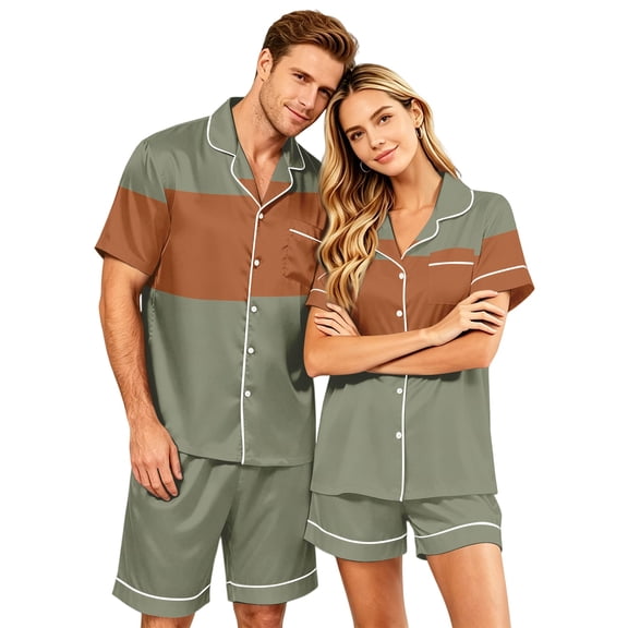 Couples Matching Pajamas, Women Satin 2 Piece Pjs Set Short Sleeve Button Down Loose Casual Summer Sleepwear Nightwear