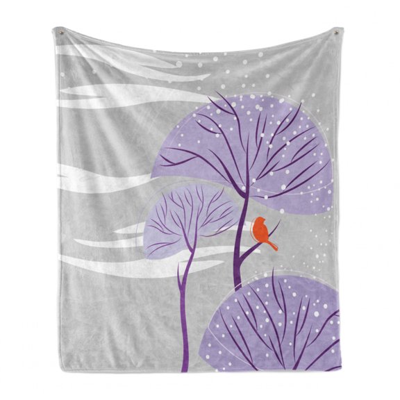 Winter Soft Flannel Fleece Throw Blanket, Seasonal Conceptual Artwork Purple Trees Snowy Weather Bird Animal, Cozy Plush for Indoor and Outdoor Use, 60" x 80", Dust Purple Orange, by Ambesonne