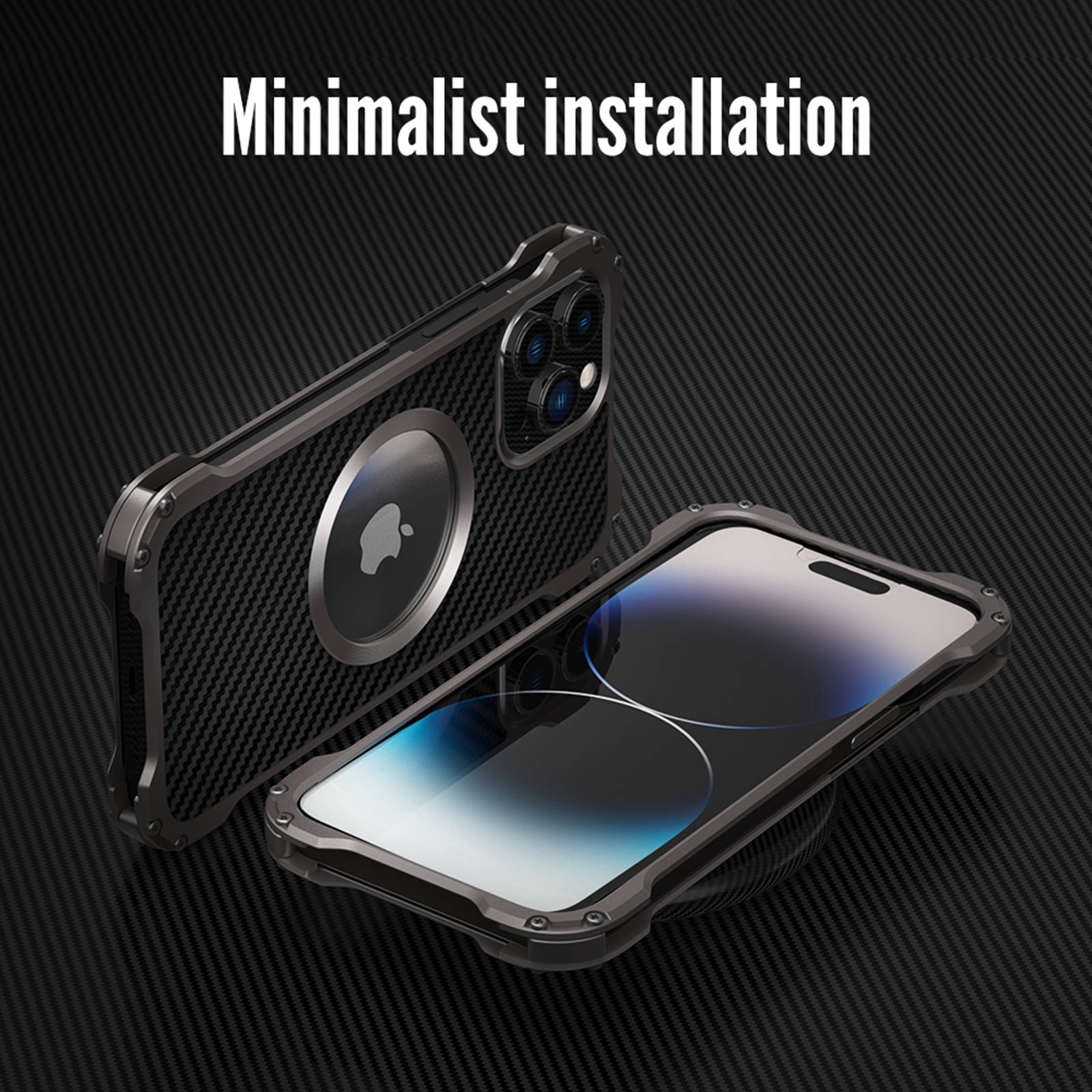 Rugged Metal Frame Case for iPhone 14 Pro, Aluminum Alloy Bumper Carbon Fiber Back Logo Hollow Shockproof Anti-Drop Lens Protection Cover Compatible with Magsafe Wireless Charger Phone Case