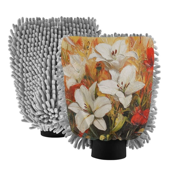 Dual-Sided Car Wash Gloves Car Washing Mitts with Elastic Cuffs Lilies Of An Oil Painting