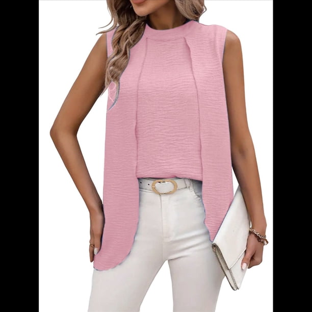 Camisetas Sin Mangas Informales de Negocios para Mujer, Atuendos de Verano Sin Mangas, Camisas de Trabajo Elegantes y de Moda de 2025. Rosa L