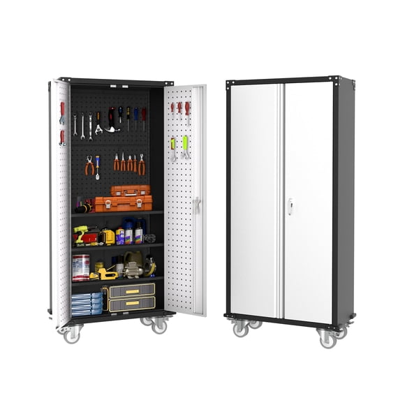 72 inch Lockable Metal Storage Cabinet Tall, Heavy Duty Steel Organizer with Pegboard and 4 Adjustable Shelves, Rolling Wheels for Pantry Garage Office Craft Room, Light Grey