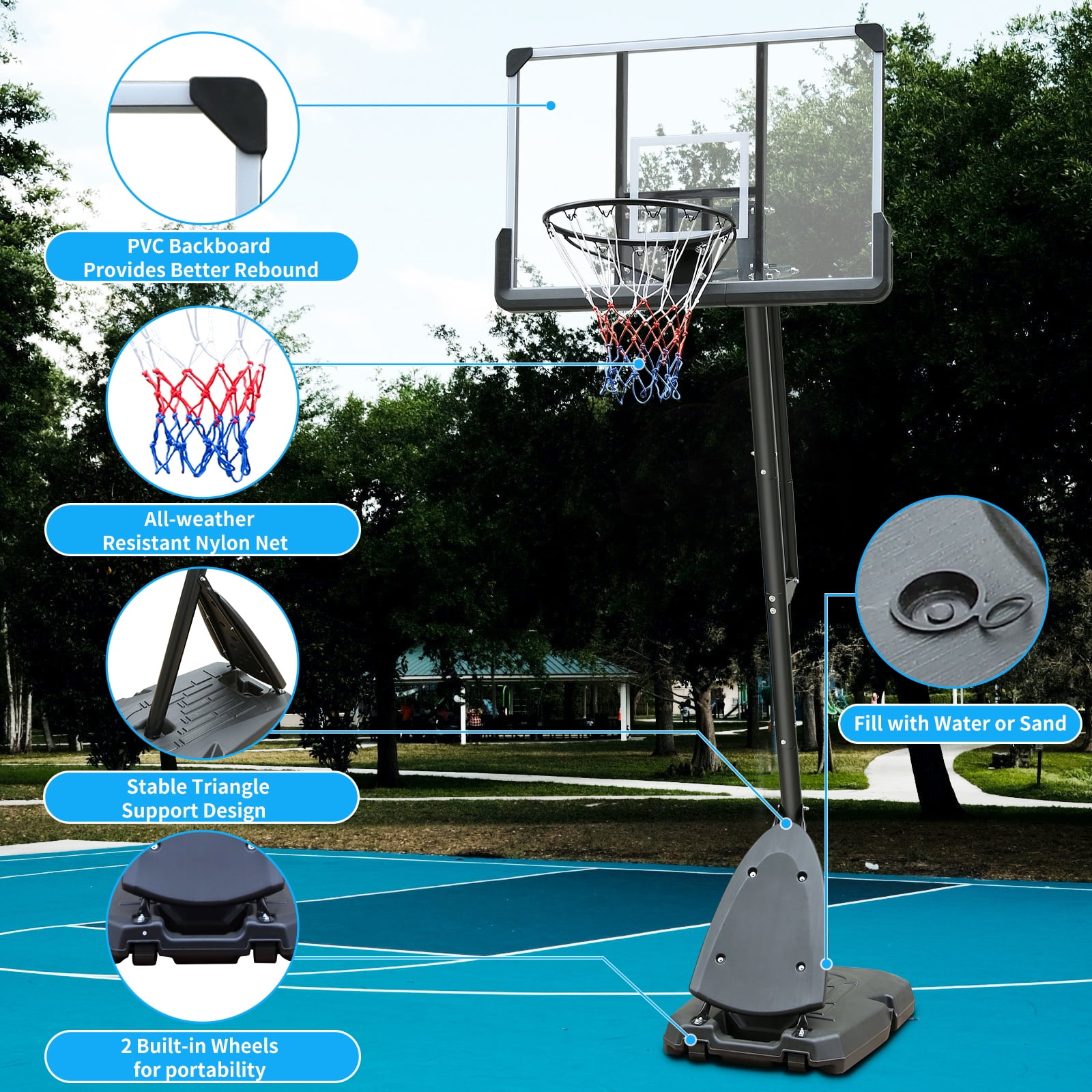 44" Transparent Adjustable Height Portable Outdoor Basketball System with Stable Base and Wheels