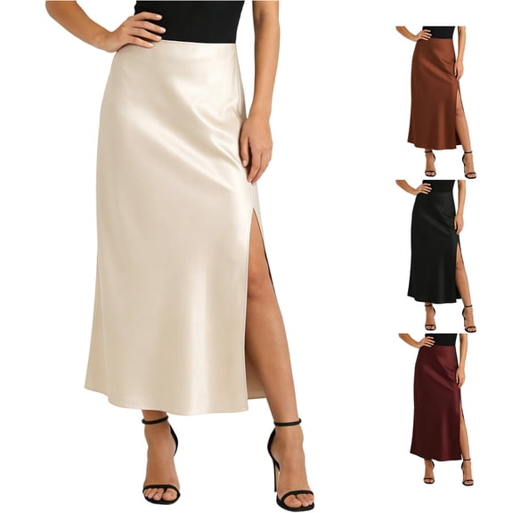 Wxolcjlv Women's Satin Side Slit Midi Skirt High Waist Party Midi Skirts
