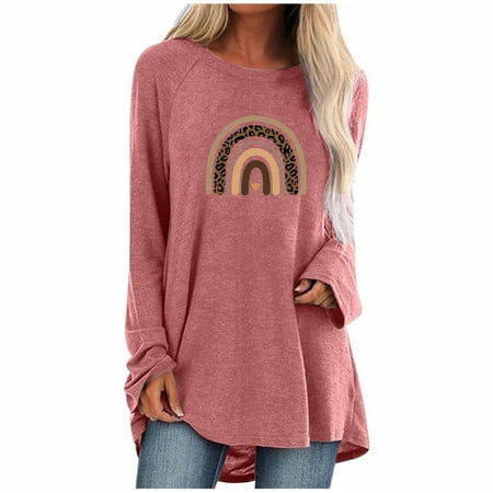 

Women s Valentine s Day Long-sleeve T-shirt Fashion Love Printed Medium Length Round Neck Solid Top Ladies Casual Loose Tee Blouse