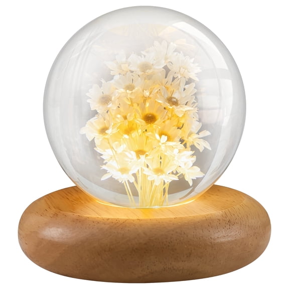 LED Dandelion Crystal Ball Night Light,Real Pressed Daisy Flower Inside,2.76 inch with Wooden Base, Decorative Night Light for Home,Desk,Gift