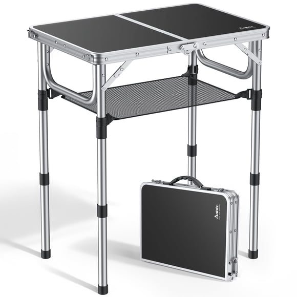 Anbte Table de Camping Pliante avec Filet de Rangement, 3 Hauteurs Réglables Tables d'Extérieur en Aluminium, Légères, Imperméables, pour Pique-Nique Intérieur Extérieur