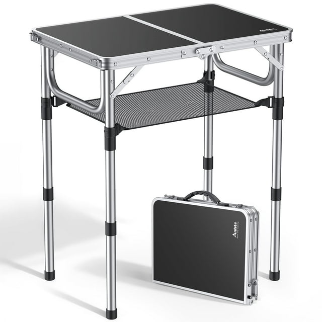 Anbte Table de Camping Pliante avec Filet de Rangement, 3 Hauteurs Réglables Tables d'Extérieur en Aluminium, Légères, Imperméables, pour Pique-Nique Intérieur Extérieur