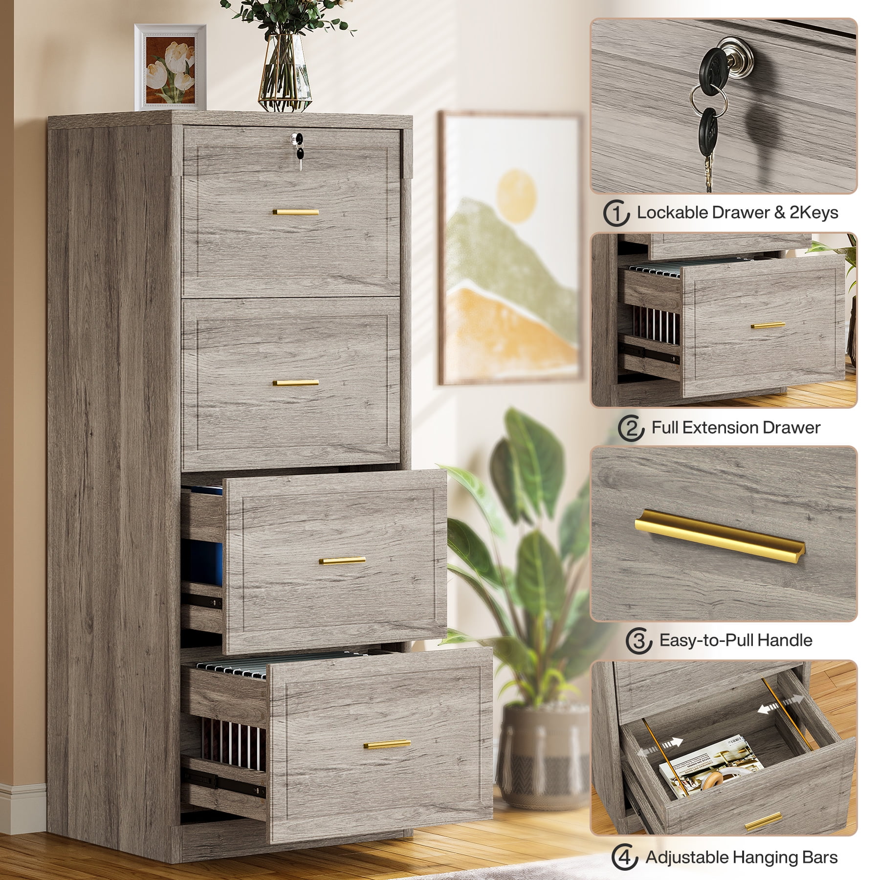 Fnova 4-Drawer File Cabinet, Tall Filing Cabinet with Lock and Key, Heavy Duty Wooden Vertical Office Storage Organizer for Legal Size/Letter/A4/Files, Home Office, Gray