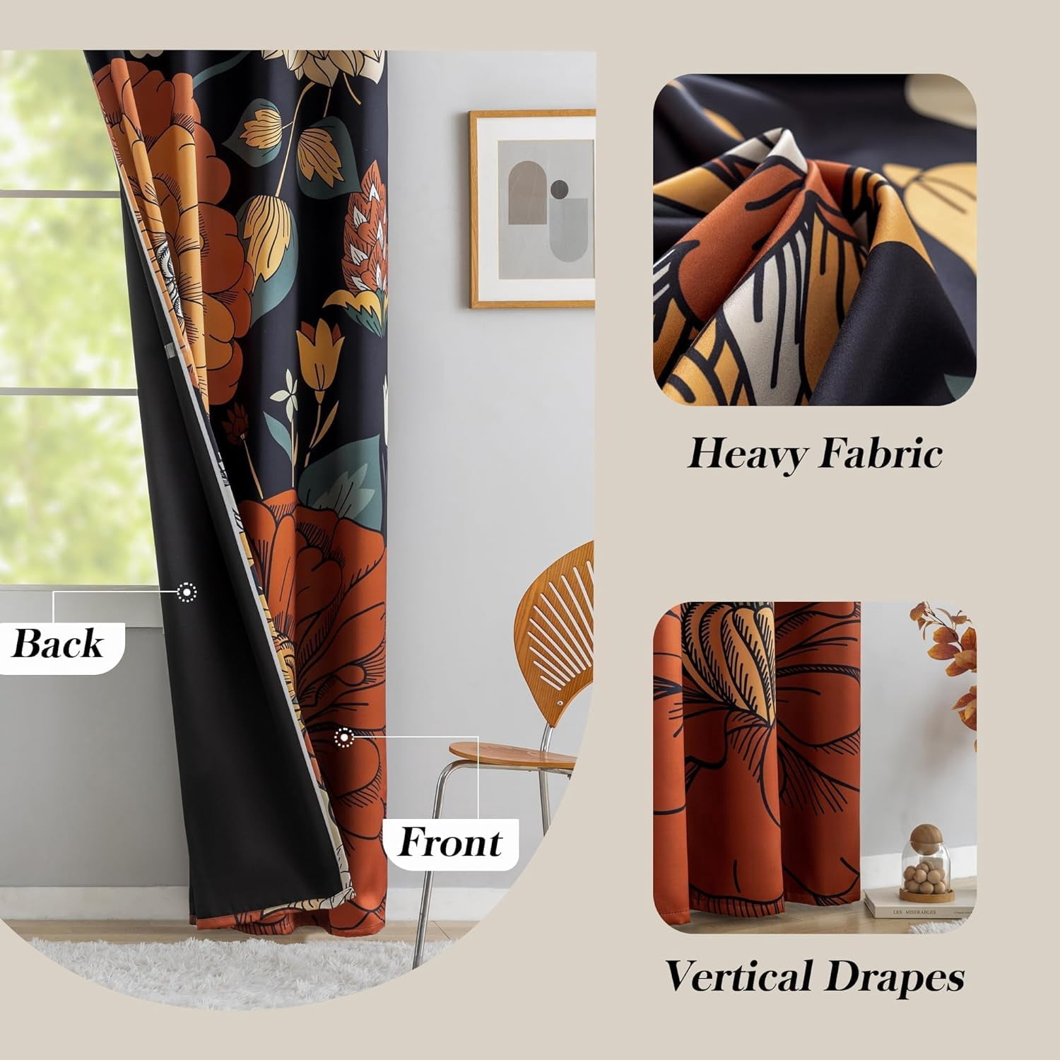 Tyrot 2 Panels Black Boho Floral 100% Blackout Curtains for Bedroom Grommet Curtains, 52" x 84"