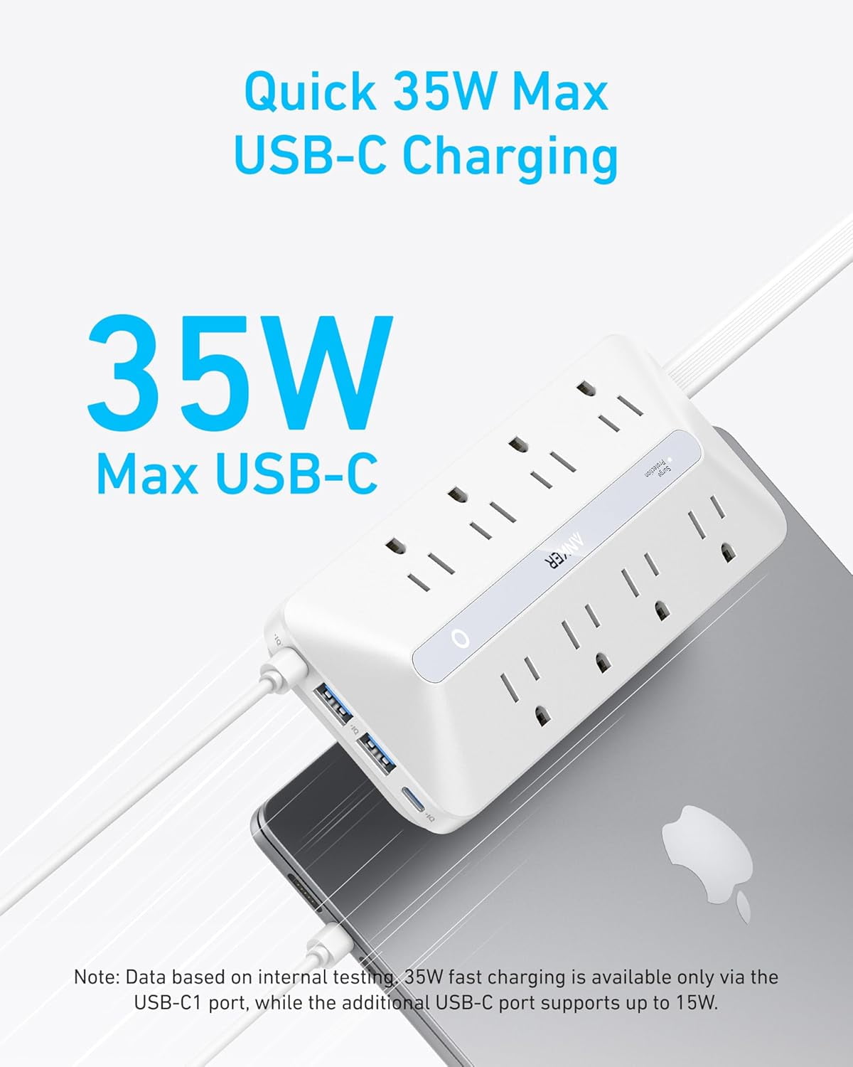 Anker Flat Plug Power Strip, 12-in-1 USB-C Power Strip with 8 AC, 2 USB-C, and 2 USB-A Ports, 5 feet Extension Cord, 35W Max