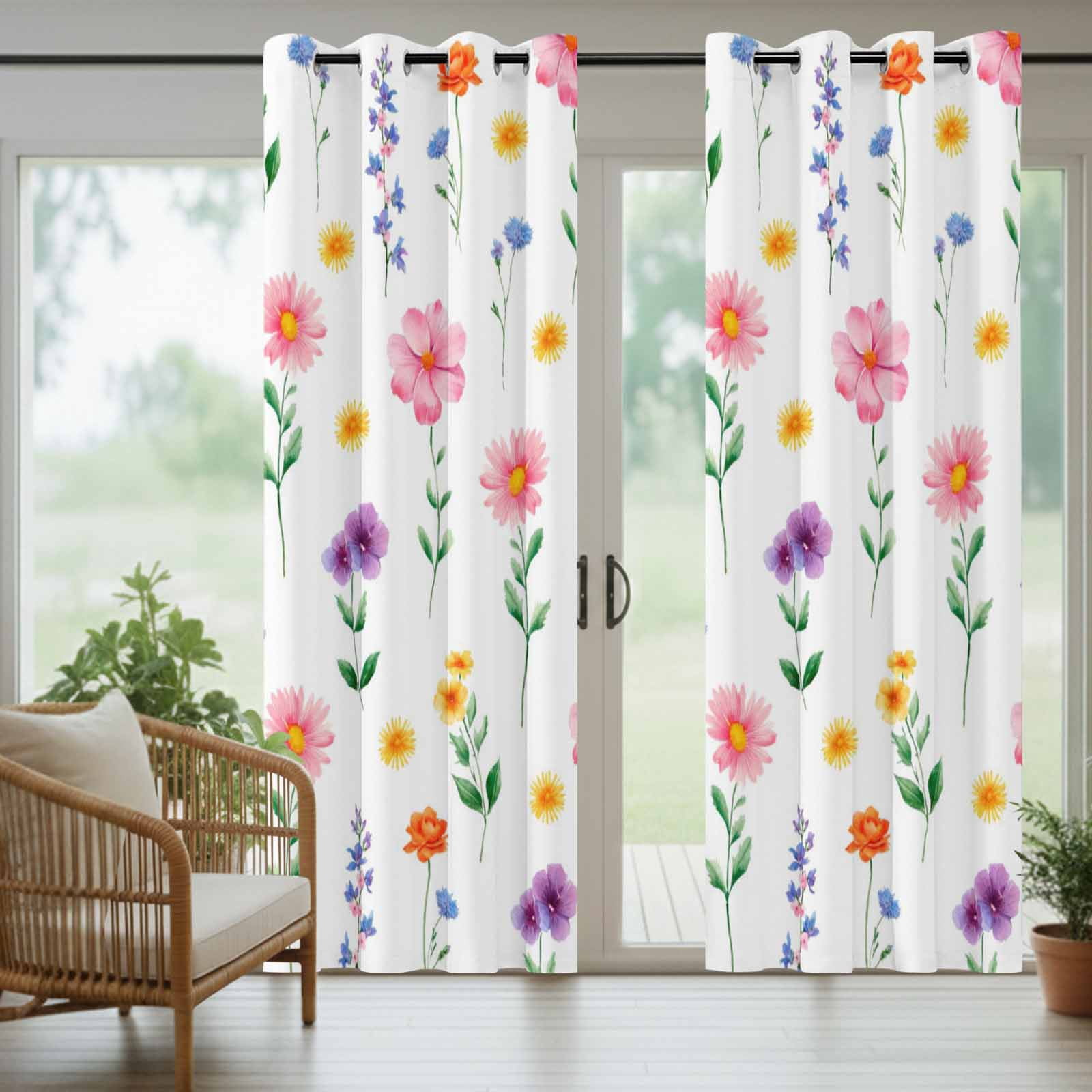 Spring Summer Wildflowers Outdoor Curtains for Patio, Pink Green Yellow Floral Sunshade Privacy Drapes Grommet Waterproof Outside Curtains for Porch/Cabana/Balcony 54"x 95", 2 Panel