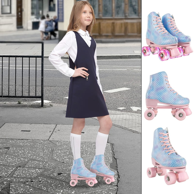YYW Teen Kids Roller Skates,Light-up-Wheel Double Row Quad Skate for Beginner Adult,Blue(Women 7.5/Men 6)