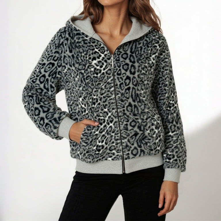 Yuanlong Womens Zip Up Hoodie Autumn Leopard Print Thick