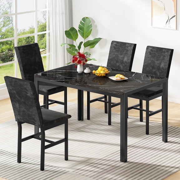 Baxluxe 4-Person Dining Table and Chairs Set, Faux Marble Kitchen Table with 4 Velvet Dining Chairs, Rectangle Dining Table Set for 4, 5 Pieces Dinette Set for Breakfast Nook, Apartment, Black