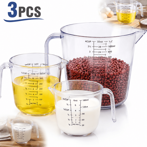 Genreen 3-Piece Plastic Measuring Cup Set – BPA-Free Liquid Measuring Cups with Angled Spout & Handle – Nesting Kitchen Prep Set for Baking and Cooking, Dishwasher Safe (4 Cup, 1.5 Cup, 3/4 Cup)
