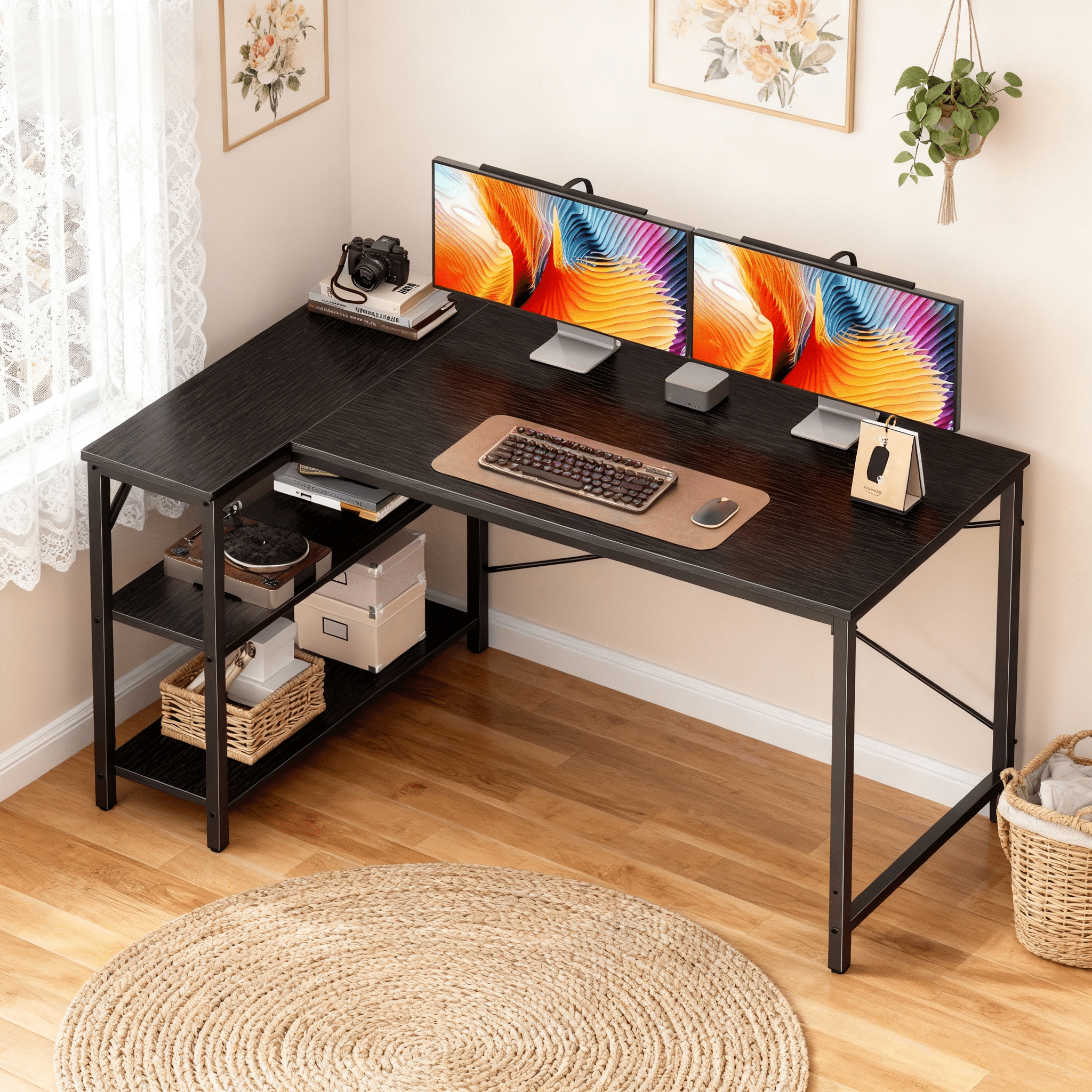 CONCETTA 47” L Shaped Computer Desk with Reversible Storage Shelves, Corner Gaming Desk with PC Stand, Home Office Writing Study Table, Brown