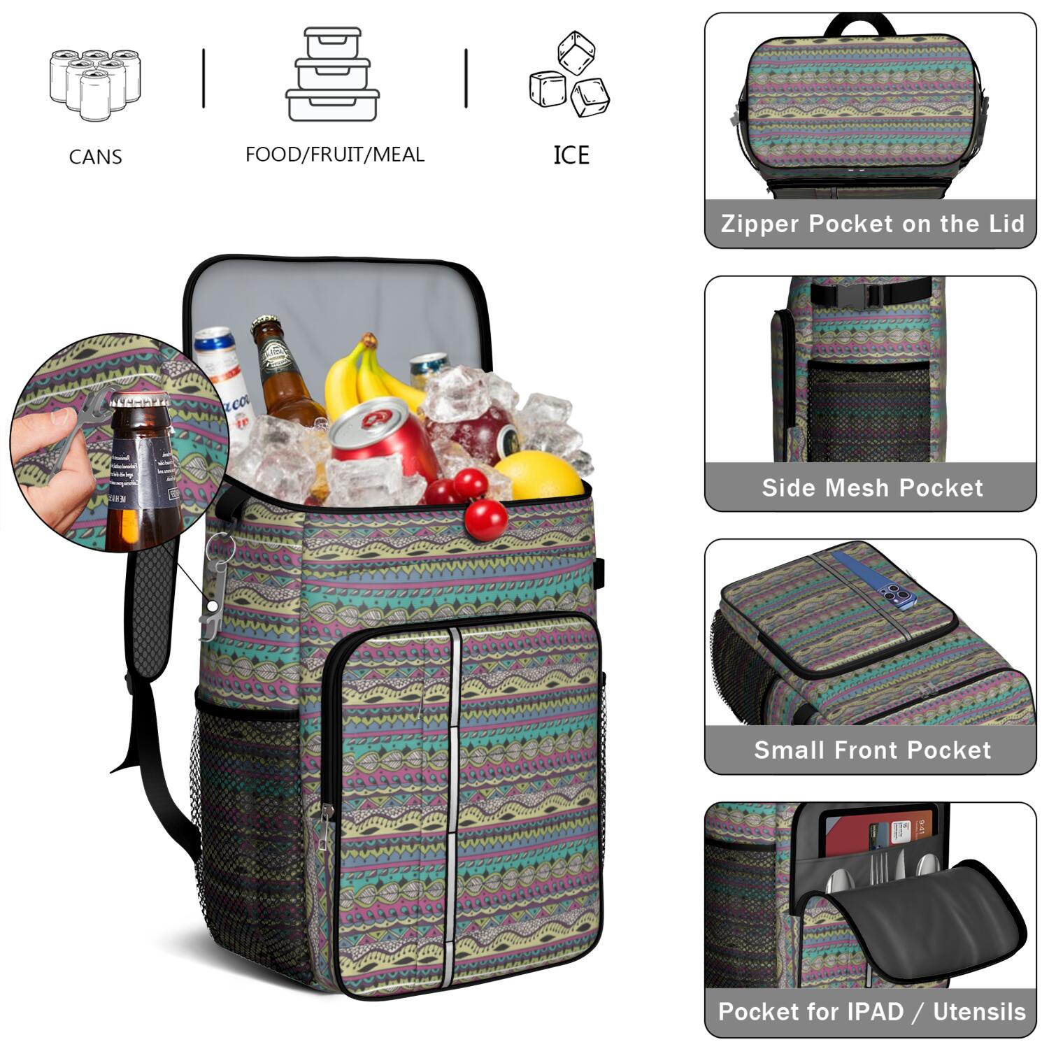 Travel Cooler Bag - Boho Bohemia Pioneer Flower Geometric Line Art Camping Beer Cooler Backpack with Bottle Opener- Waterproof Insulated Picnic Backpacks - Cooler Bag for Beach