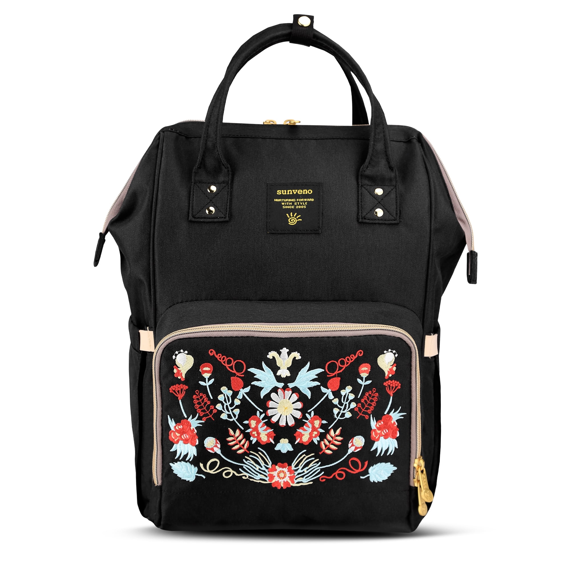 Sunveno Embroidered Backpack Diaper Bag Travel Backpack, Black Flower