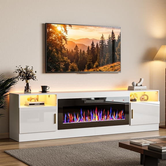 80''Fireplace tv Stand with 36 inch Fireplace Up to 80" TVs,LED Light Entertainment Center and Storage, 70" Modern Wood Media TV Console with Highlight Cabinet for Living Room